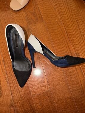 Two-Tone Zara Pointed Stiletto Pumps in Black, Navy & White